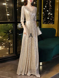 Etuikleid/Säulenkleid für die Mutter der Braut, Hochzeitsgast, elegant, funkelnd und glänzend, V-Ausschnitt, bodenlang, Pailletten, halbe Ärmel mit Falten