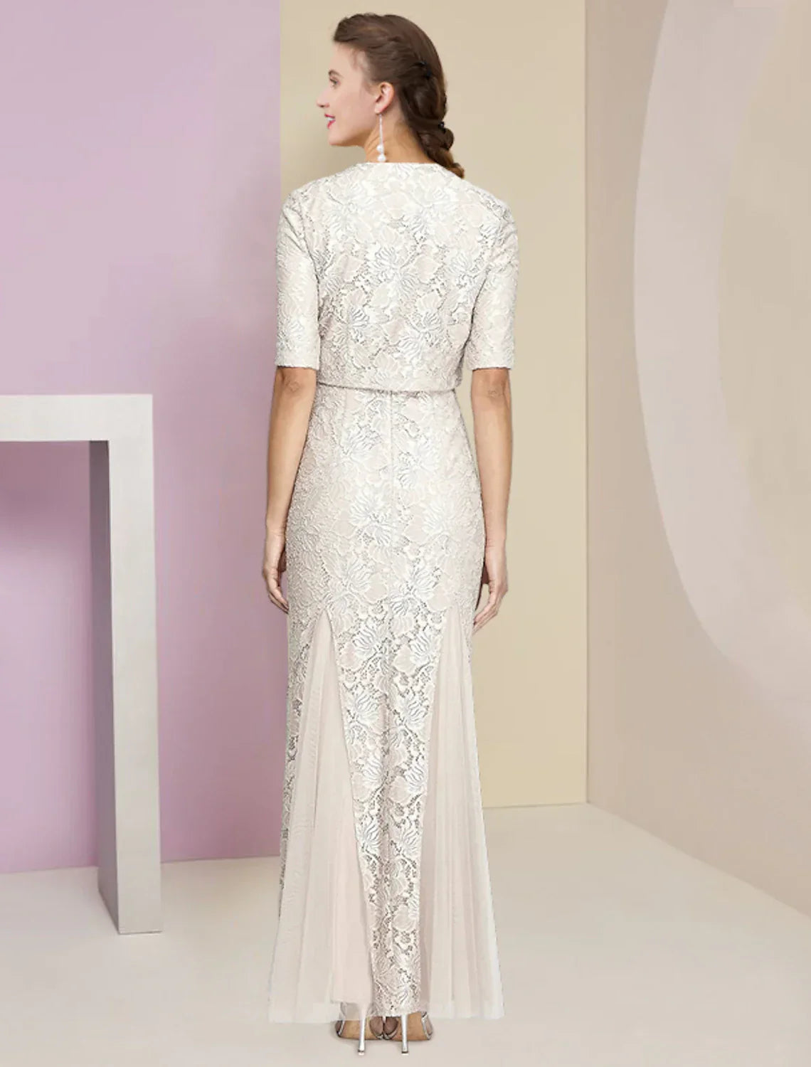 Vestido de mãe da noiva em duas peças, corte A, formal, para casamento, elegante, inverno, com casaco, manga curta, decote em V, comprimento até ao tornozelo, chiffon, renda, pregas, aplicações