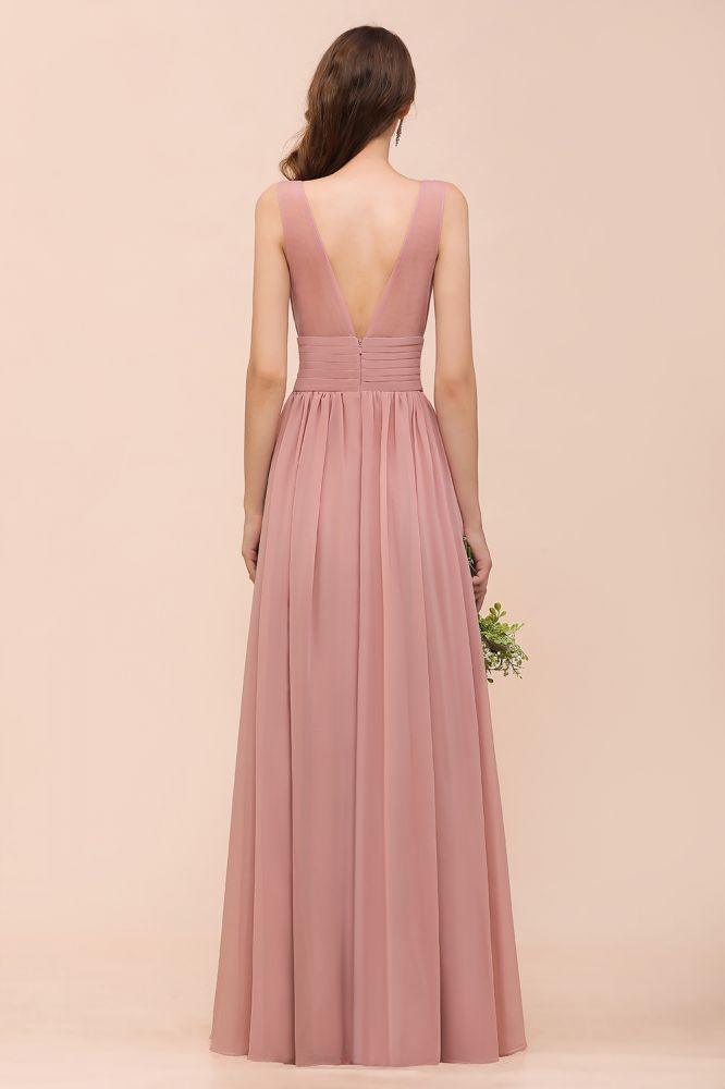 U-Neck High Waist Bridesmaid Dress Long Chiffon Formal Party Dress