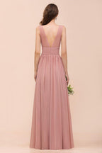 U-Neck High Waist Bridesmaid Dress Long Chiffon Formal Party Dress