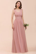 U-Neck High Waist Bridesmaid Dress Long Chiffon Formal Party Dress