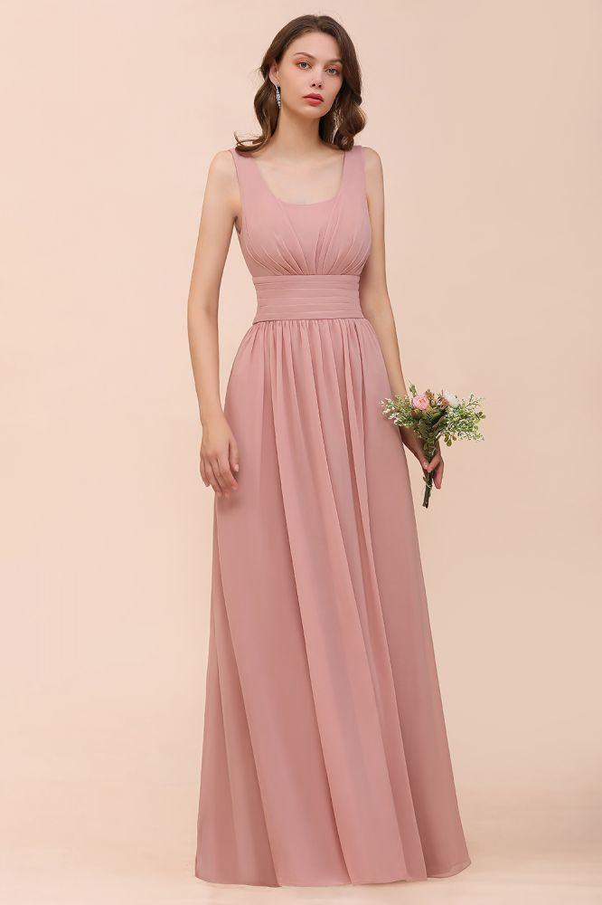 U-Neck High Waist Bridesmaid Dress Long Chiffon Formal Party Dress