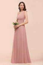 U-Neck High Waist Bridesmaid Dress Long Chiffon Formal Party Dress
