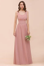 U-Neck High Waist Bridesmaid Dress Long Chiffon Formal Party Dress