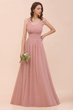 U-Neck High Waist Bridesmaid Dress Long Chiffon Formal Party Dress