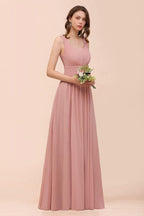 U-Neck High Waist Bridesmaid Dress Long Chiffon Formal Party Dress