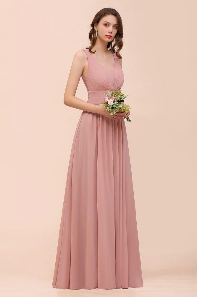 U-Neck High Waist Bridesmaid Dress Long Chiffon Formal Party Dress