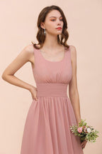 U-Neck High Waist Bridesmaid Dress Long Chiffon Formal Party Dress