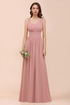 U-Neck High Waist Bridesmaid Dress Long Chiffon Formal Party Dress