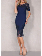 Etuikleid/Säulenkleid für die Brautmutter, Hochzeitsgast, elegant, zierlich, U-Ausschnitt, knielang, Stretch-Chiffon, kurze Ärmel, mit Spitzenpailletten