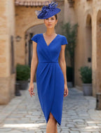 Elegante vestido de duas peças com decote em V, tecido elástico assimétrico, manga 3/4 e vestido para mãe da noiva