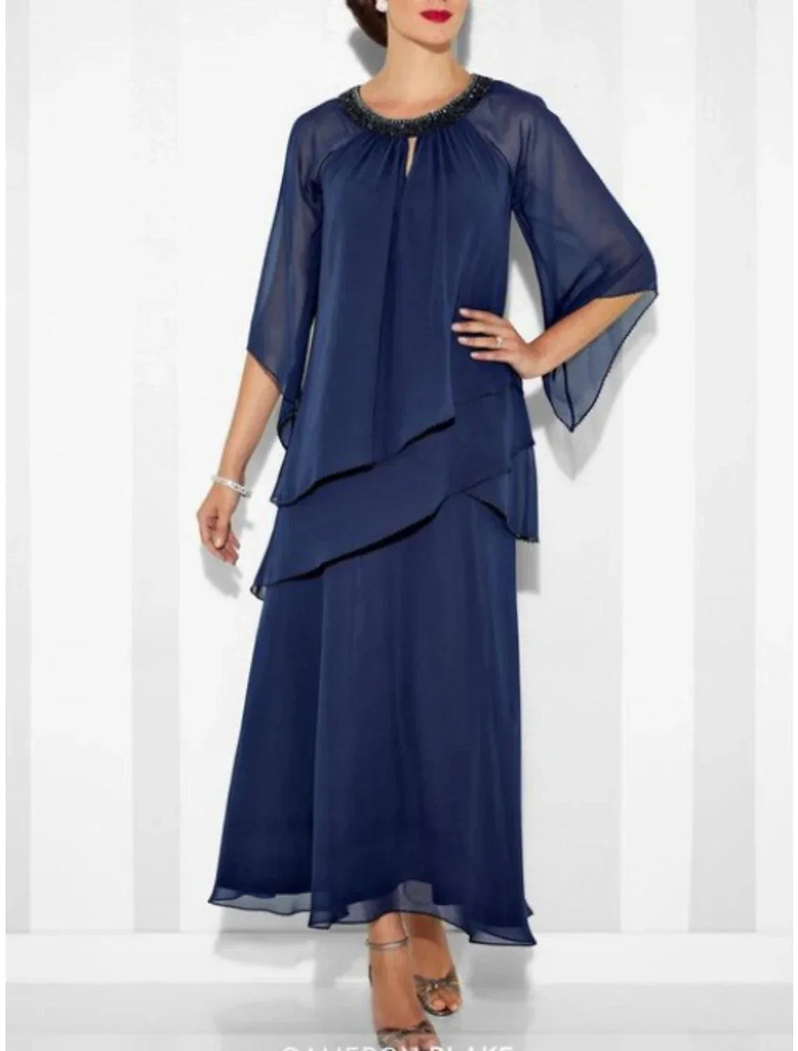 Vestido de festa para mãe da noiva, bainha/coluna, elegante, decote em joia, comprimento até ao tornozelo, chiffon, manga 3/4 com cristais franzidos