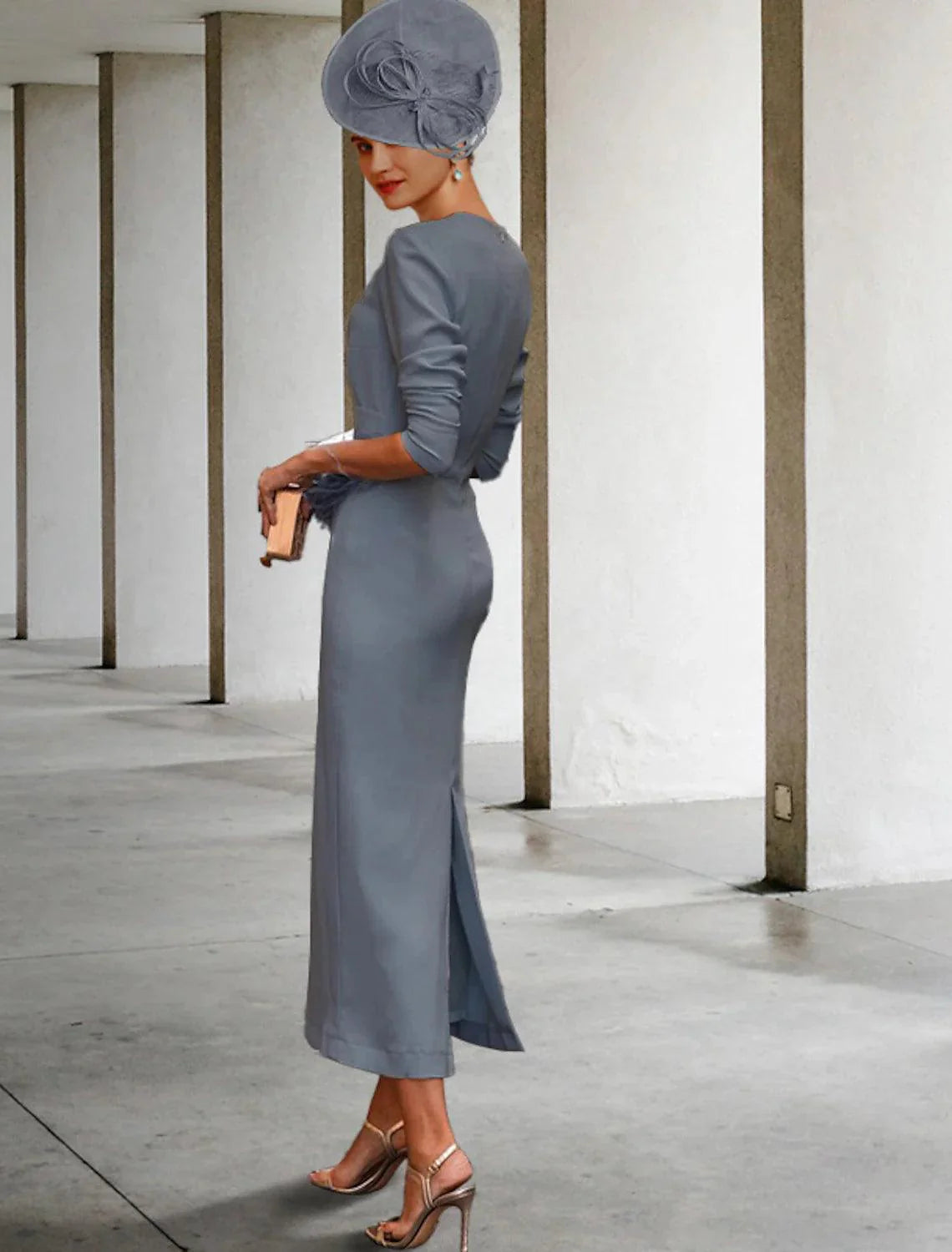 Vestido de mãe da noiva com bainha/coluna, vintage, elegante, decote em joia, comprimento até ao tornozelo, tecido elástico, meia manga, com faixa/fita de penas