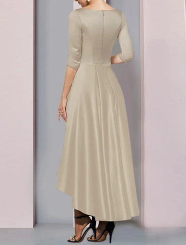 Kleid für die Mutter der Braut, Hochzeitsgast, elegant, hoch und tief, V-Ausschnitt, asymmetrisch, knöchellang, Satin, halbe Ärmel mit Falten