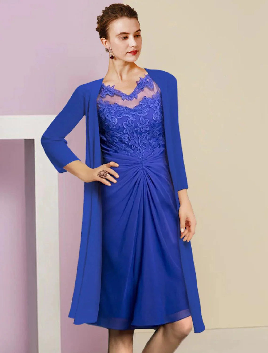 Vestido de mãe da noiva de duas peças, bainha/coluna, formal, para convidada de casamento, vintage, elegante, decote em V, comprimento até ao joelho, chiffon, renda, meia manga, vestidos com aplicações