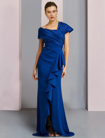 Meerjungfrau/Trompete Kleid für die Mutter der Braut, formeller Hochzeitsgast, elegant, ein Schulterträger, Sweep/Pinselzug, Satin, ärmellos mit gerüschten Rüschen