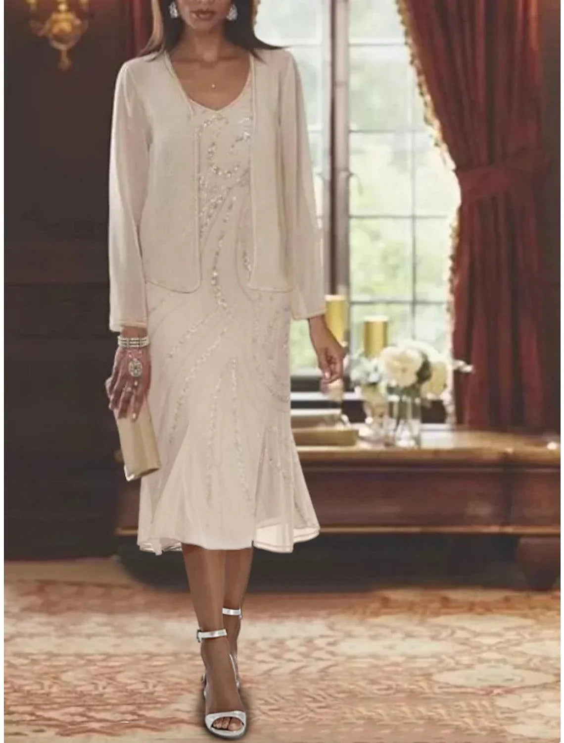 Vestido de mãe da noiva de duas peças, estilo sereia/trompete, formal, para convidada de casamento, luxuoso, elegante, decote em V, comprimento chá, chiffon, sem mangas, outono, incluído com lantejoulas e missangas