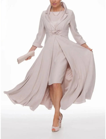 Vestido de duas peças com bainha/coluna para mãe da noiva, festa de casamento, elegante, inverno, com casaco, manga 3/4, gola tipo camisa, comprimento até ao tornozelo, chiffon, pregas, cor sólida