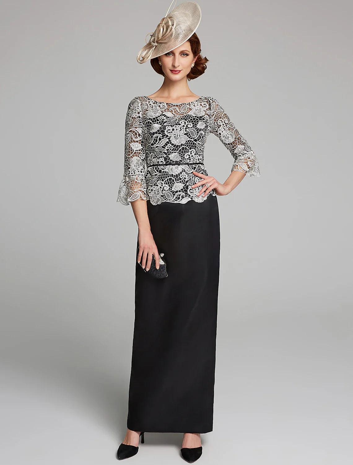 Vestido de mãe da noiva com bainha/coluna, decote em joia, comprimento até ao chão, cetim com renda, manga 3/4 com renda