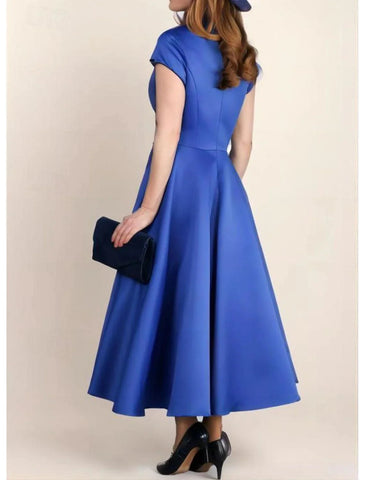 Elegantes Vintage-Partykleid mit V-Ausschnitt, knielang, Satin, kurze Ärmel, gerüscht, Blumenmuster, Mutter der Braut