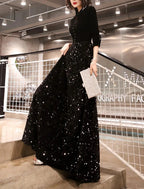 Vestido tubinho/coluna para mãe da noiva, festa de casamento, brilho e cintilante, pequeno, decote em V, comprimento até ao chão, veludo com lantejoulas, meia manga e botões