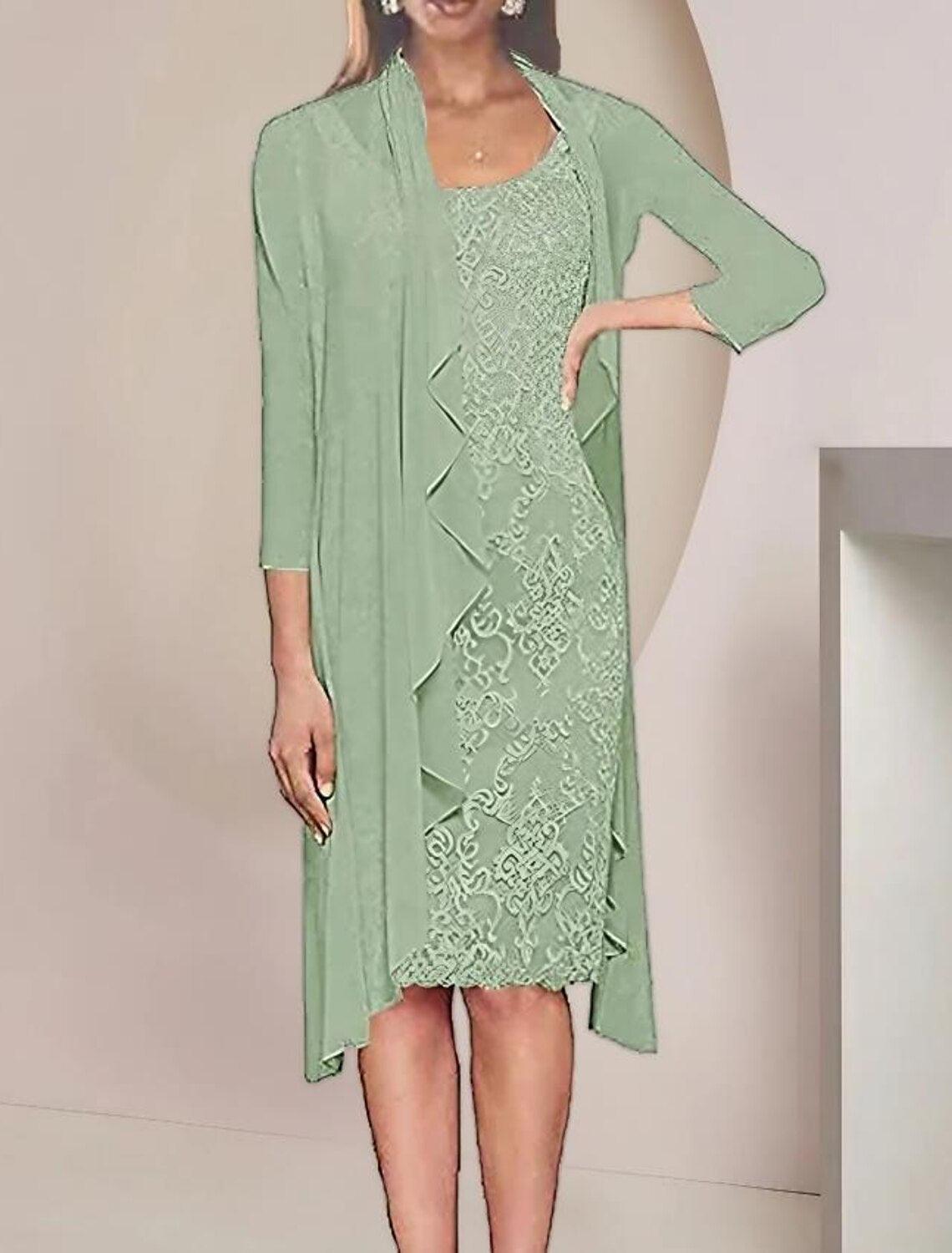 Vestido de mãe da noiva de duas peças, bainha/coluna, formal, para convidados de casamento, elegante, decote em joia, comprimento até ao joelho, renda, manga 3/4, vestidos casaco com cor sólida