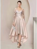 Etuikleid/Säulenkleid für die Mutter der Braut, Hochzeitsgast, Party, elegant, V-Ausschnitt, asymmetrisch, knöchellang, Satin, lange Ärmel mit Spitzenfalten