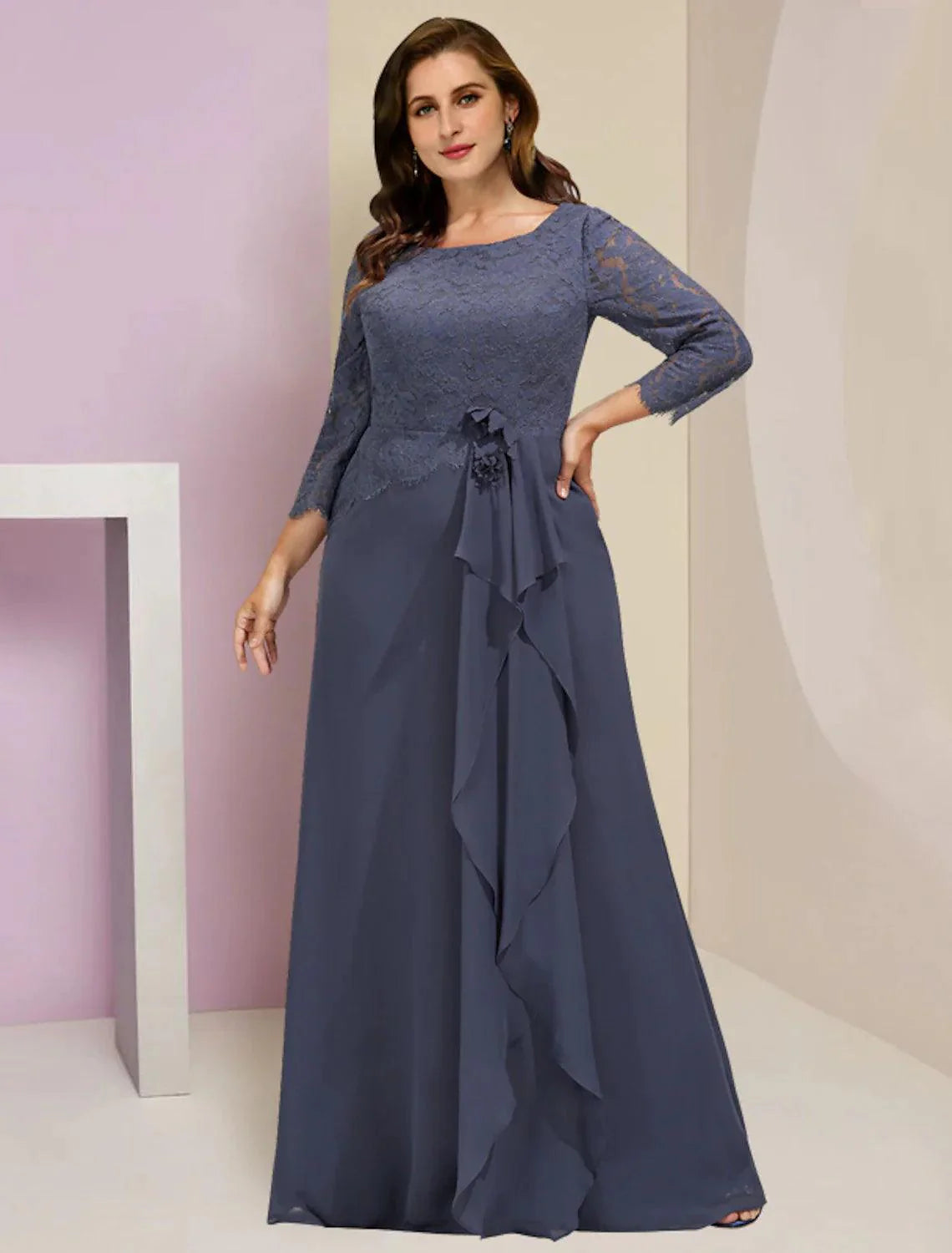 Vestidos para mãe da noiva plus size, curvas, barriga escondida, festa de casamento, elegante, decote redondo, comprimento até ao chão, chiffon, renda, manga 3/4 com folhos, aplicações