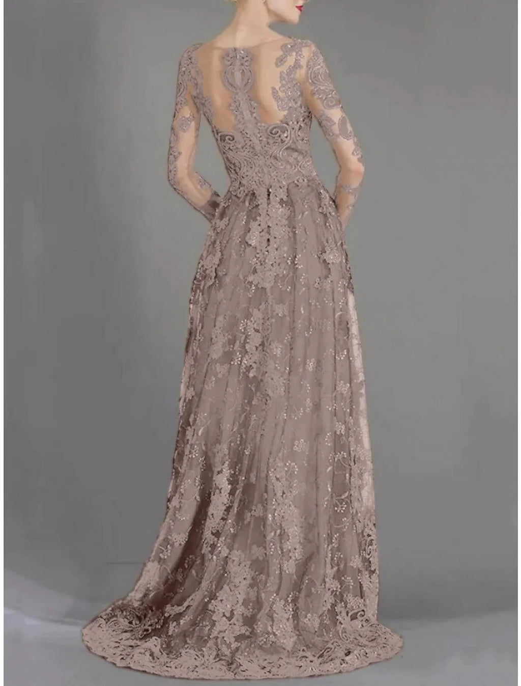 Etuikleid/Säulenkleid für die Brautmutter, Hochzeitsgast, elegante Party, V-Ausschnitt, Pinselschleppe, Stretch-Chiffon, lange Ärmel mit Spitzenrüschen