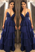 Vestidos de festa compridos em cetim azul-marinho, decote em V, alças finas, corte A, PG796