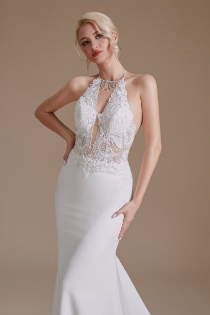 Einzigartiges Trägerkleid Ärmelloses Meerjungfrau Bodenlanges Satin Hochzeitskleid mit Muster