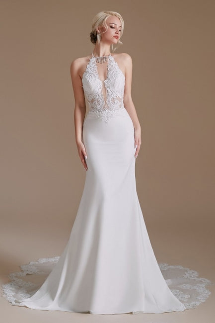 Einzigartiges Trägerkleid Ärmelloses Meerjungfrau Bodenlanges Satin Hochzeitskleid mit Muster