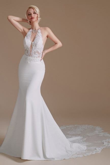 Einzigartiges Trägerkleid Ärmelloses Meerjungfrau Bodenlanges Satin Hochzeitskleid mit Muster
