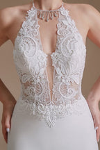 Einzigartiges Trägerkleid Ärmelloses Meerjungfrau Bodenlanges Satin Hochzeitskleid mit Muster