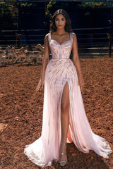 Unique Long A-Line Sweetheart Tulle Beads Prom Dress with Slit