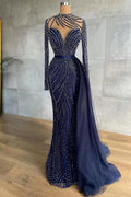 Vestido de graduación largo único sirena de tul con cuello alto y mangas