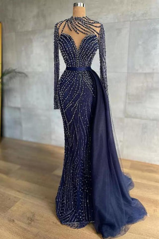 Einzigartiges langes Meerjungfrau-Ballkleid mit hohem Halsausschnitt und Ärmeln aus Tüll