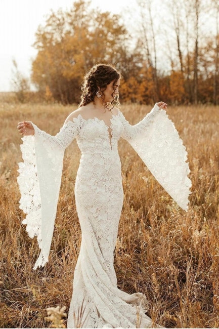 Einzigartiges Sweetheart-Langarm-Nixen-Bodenlanges Spitze Brautkleid mit Kapellenzug