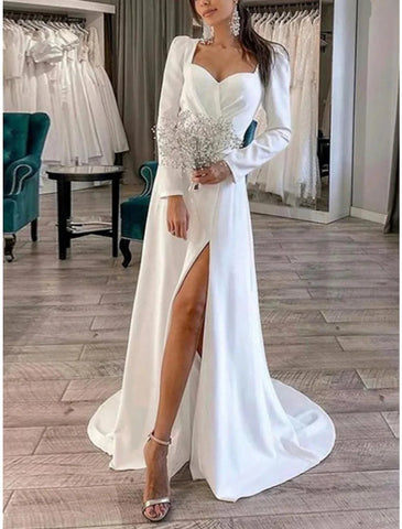 Formelle Brautkleider Etui-Linie/Spalte Herzausschnitt Langarm Hofschleppe Satin Brautkleider mit Falten Schlitz Vorne