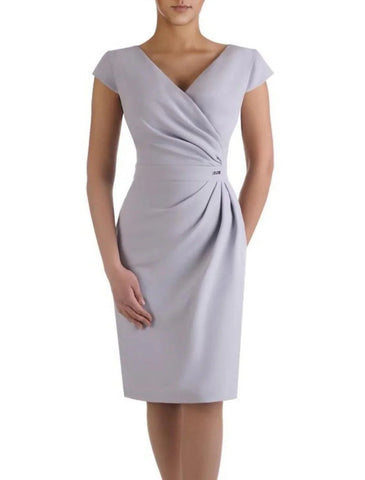 Etuikleid/Säulenkleid für die Brautmutter, Hochzeitsgast, elegant, V-Ausschnitt, knielang, Stretch-Stoff, kurze Ärmel mit Rüschen