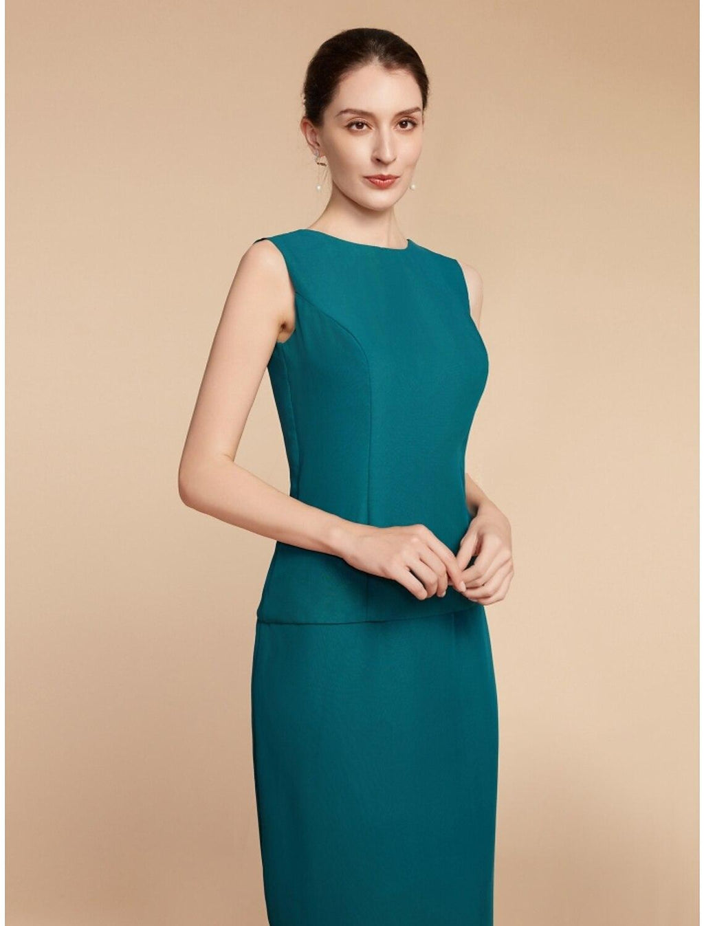 Vestido tubinho/coluna para mãe da noiva, convidada de casamento, elegante, simples, decote em joia, comprimento até ao tornozelo, chiffon, manga comprida, com racha frontal, franzido, cor sólida