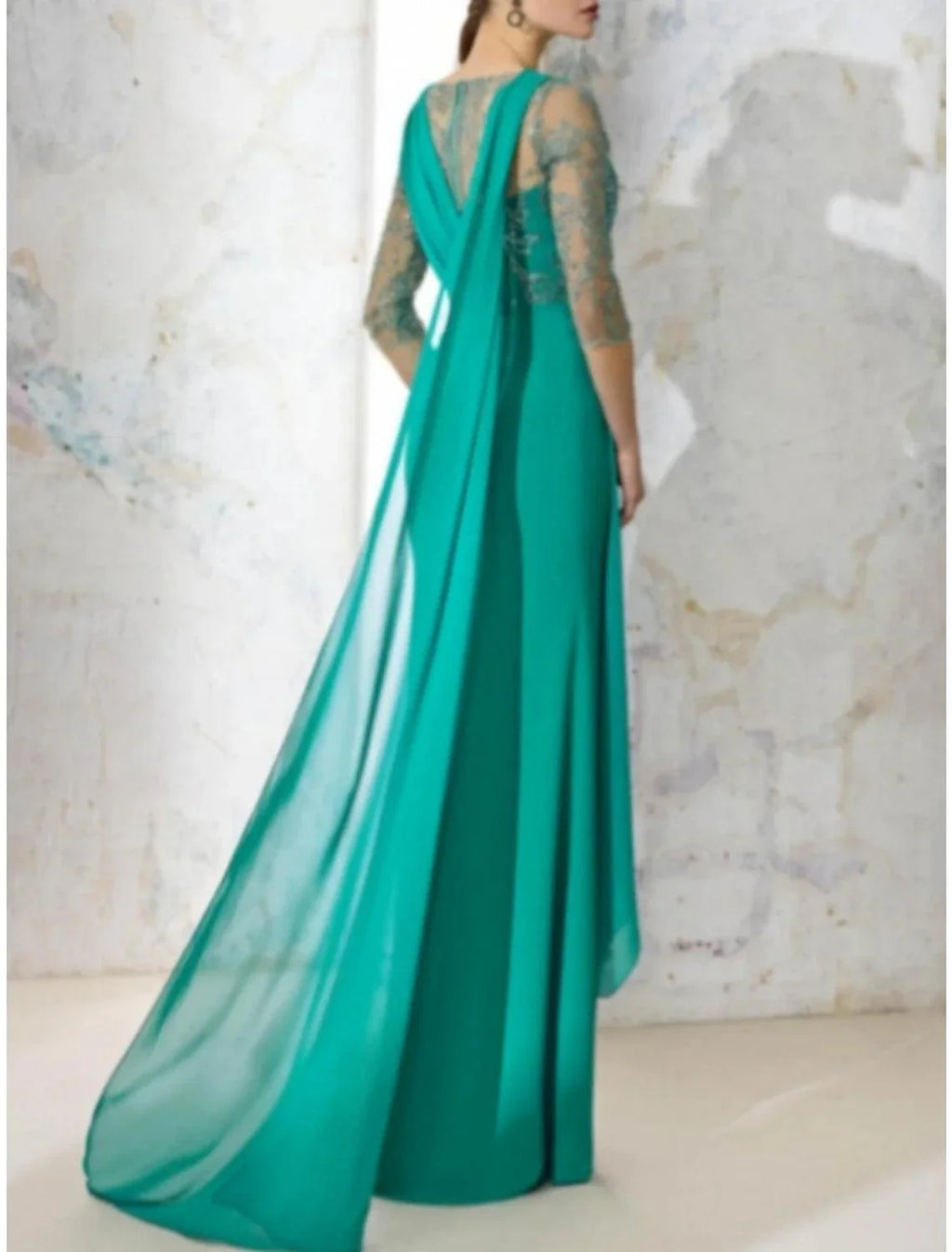 Vestido tubinho/coluna para mãe da noiva, convidada de casamento, elegante, decote em V, comprimento até ao chão, chiffon elástico, meia manga, com renda, lantejoulas, frente aberta