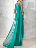 Vestido tubinho/coluna para mãe da noiva, convidada de casamento, elegante, decote em V, comprimento até ao chão, chiffon elástico, meia manga, com renda, lantejoulas, frente aberta