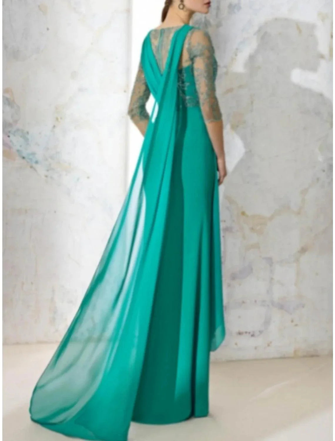 Vestido tubinho/coluna para mãe da noiva, convidada de casamento, elegante, decote em V, comprimento até ao chão, chiffon elástico, meia manga, com renda, lantejoulas, frente aberta