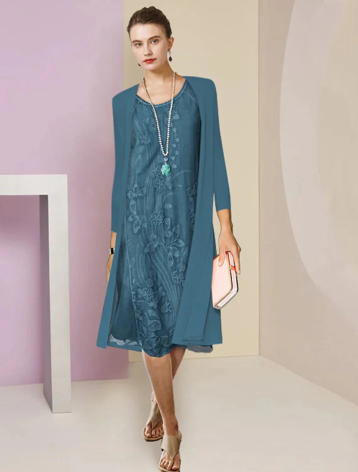 Vestido de mãe da noiva de duas peças, bainha/coluna, formal, para convidada de casamento, elegante, decote redondo, comprimento até ao joelho, chiffon, renda, meia manga, vestidos com aplicações