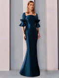Abito da Madre della Sposa / Colonna con Scollo Quadrato, Elegante, Lungo fino a Terra, in Satin, Mezza Manica e Arricciature, per Cerimonia Formale o Invitata a Nozze