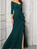 Etuikleid/Säulenkleid für die Brautmutter, elegantes Kleid für Hochzeitsgäste, schulterfrei, bodenlang, Stretch-Chiffon, 3/4-Ärmel mit Rüschen, geschlitzte Vorderseite, Rüschen