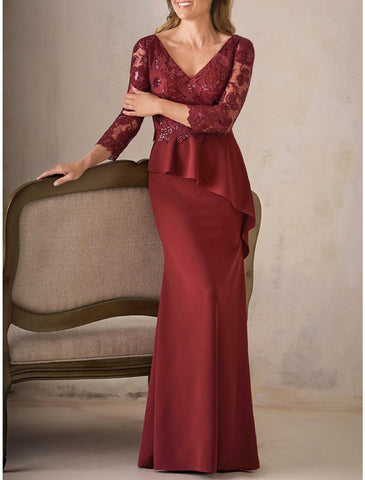 Etuikleid/Säulenkleid für die Brautmutter, Hochzeitsgast, elegant, V-Ausschnitt, bodenlang, Satin, lange Ärmel mit Spitze, Pailletten, Rüschen