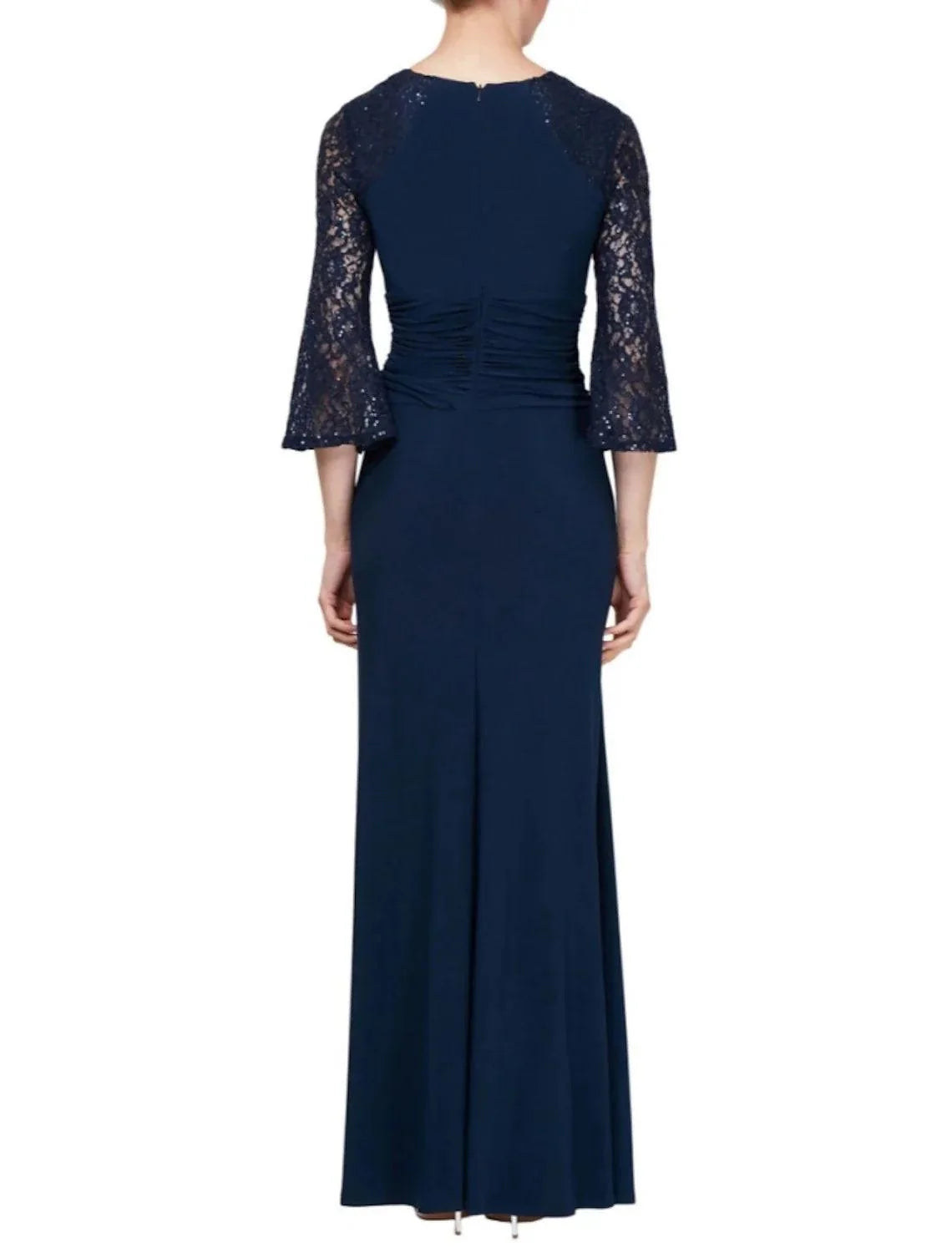 Vestido tubinho/coluna para mãe da noiva, convidada de casamento, elegante, decote redondo, comprimento até ao chão, chiffon, renda, manga 3/4, com lantejoulas, franzido, cor sólida