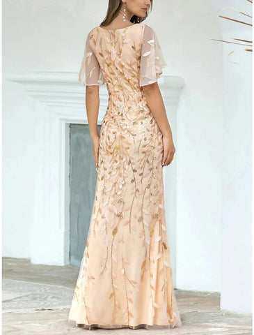 Meerjungfrau/Trompete Kleid für die Mutter der Braut, Hochzeitsgast, funkelnd und glänzend, elegant, V-Ausschnitt, bodenlang, mit Pailletten, kurze Ärmel mit Falten, Pailletten
